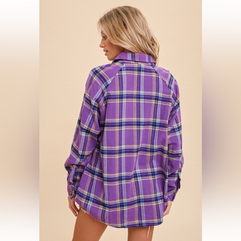 968. Hem & Thread Oversized Plaid Cotton Button Down Top Purple New Item NWT - Picture 5 of 6